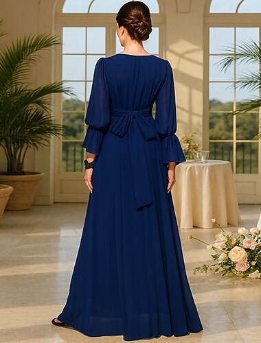  Robe de bal en A longueur de sol robe de fête robe de soirée mère de la mariée manches longues décolleté en V élégante vintage fête avec dentelle perles broderie