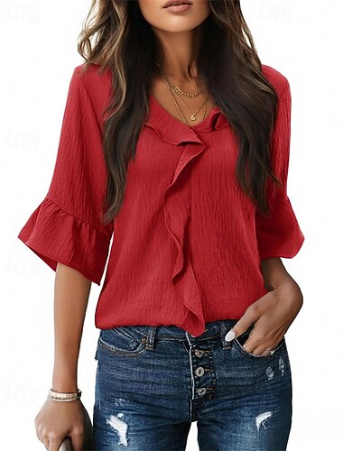  Mulheres Camisa Social Elegant Top de cetim Blusa Franzido Frufru Patchwork Tecido Elegante Vintage Diário Manga Longa Decote V Tops regulares Diário Trabalho Feriado Preto Branco Vermelho Verde