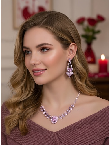  Ensemble de bijoux pour femme en zircon rose - collier cœur étincelant et boucles d'oreilles pendantes pour soirée, mariage ou événement spécial