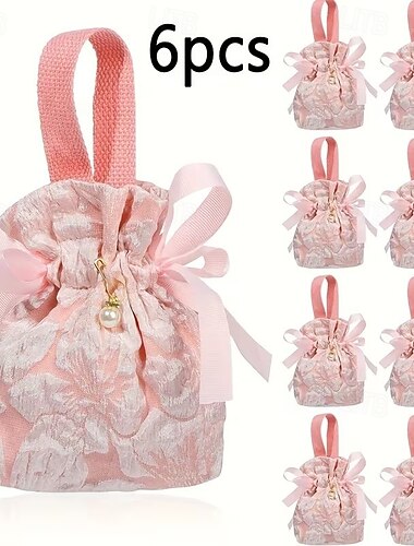  Conjunto de 6 elegantes sacolas de presente com cordão e alça, estampa floral, na cor rosa claro, perfeitas para casamentos, aniversários e chás de bebê. Fecho seguro, ideais para lembrancinhas e