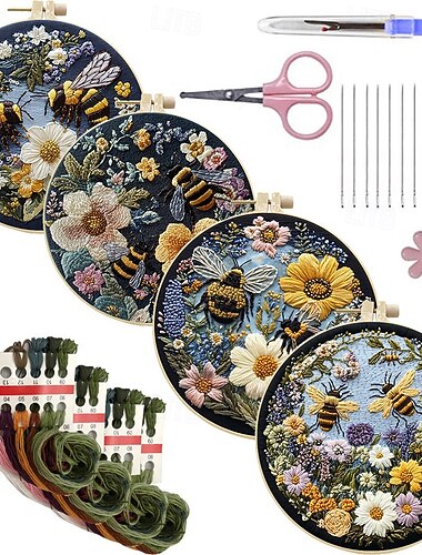  Набор для вышивания с цветочным рисунком «Желтая пчела» для начинающих, набор для вышивания с зеленым растением для начинающих, стартовый набор для вышивания своими руками с пяльцами, цветными нитками