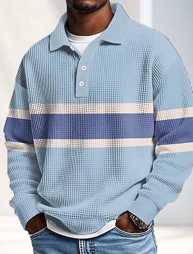  男性用 水平ストリップ ラグビーポロ 長袖 ポロシャツ ラペル スポーツウェア カジュアル 学校 アスレイジャー デイリーウェア 3Dプリント 春 秋 ブルー ブラウン グリーン