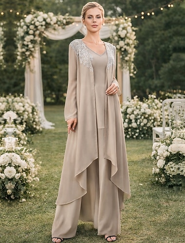  Broek 3-delig pak Tot de grond Moeder van de bruid jurk Mouwloos V-hals Elegant Formeel Bruiloft gast Chiffon Kant Wrap inbegrepen met Kralen Appliqués