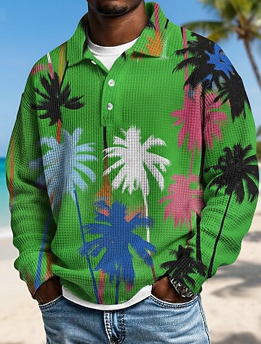  בגדי ריקוד גברים עץ דקל חולצות פולו וופל שרוול ארוך חולצות פולו דש הוואי בגדי ספורט ומנוחה לבוש יומיומי בגדי נופש הדפסת תלת מימד אביב סתיו חורף צהוב תלתן קשת