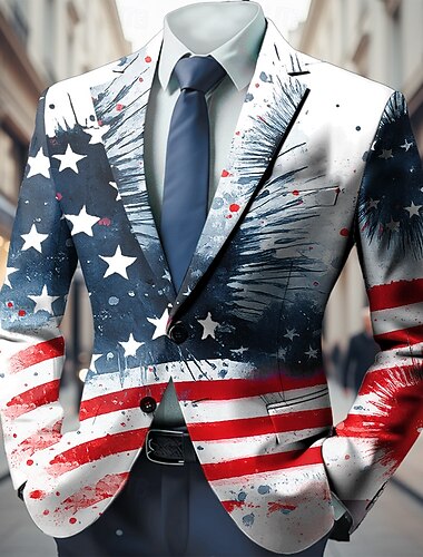  Dzień Niepodległości Stanów Zjednoczonych Męskie Amerykańska flaga USA Marynarka Płaszcz Moda Wygodny Oddychający Artystyczny Codzienny Codzienny Festiwal Kieszeń Druk 3D Guziki Na każdy sezon