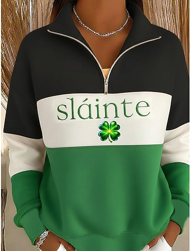  Suéter Feminino de Dia de São Patrício Gráfico Trevo Casual de Manga Longa Meio Zíper Tops Regulares Casual Feriado Zíper Preto Laranja Verde Primavera Outono