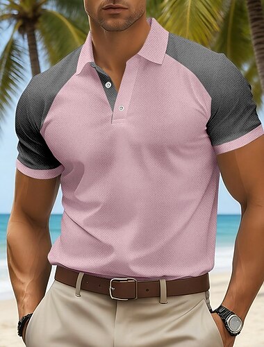  בגדי ריקוד גברים קולור בלוק פּוֹלוֹ שרוולים קצרים חולצות פולו חולצות עם צווארון הוואי יום יומי בגדי נופש כפתורים קיץ פול לבן ורוד מסמיק