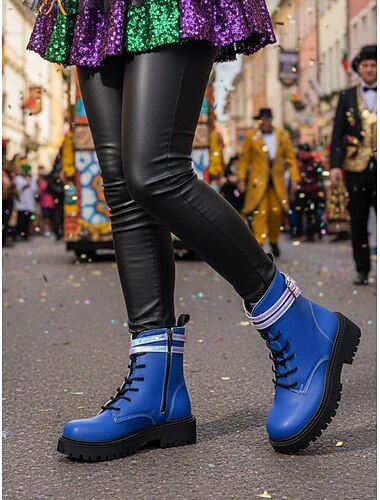  Vrouwen Mardi Gras Blauwe Chunky Hak Laarzen met Reflecterende Bandjes – Trendy en Gedurfd Perfect voor Carnaval Kostuumparties Straatstijl en Festival Outfit