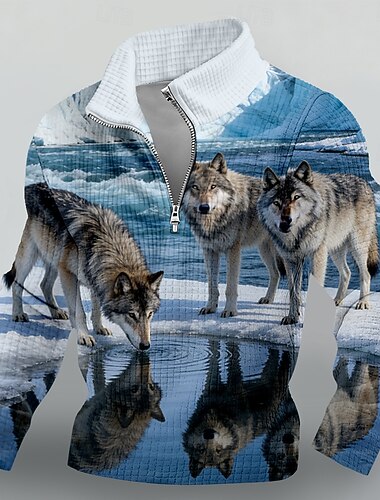  Herren Wolf Waffel Pullover Mode Täglich Jagd Stehkragen Viertelreißverschluss Outdoor Streetwear Reise Camping Blau 1 Blau 2# Reißverschluss Herbst Winter Designer S M L XL XXL XXXL
