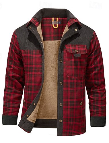  Per uomo Cappotto Invernale Giacca in Pile Giacca Casual Casuale Quotidiano Calore Termico Tasca Bottonato Autunno Inverno Plaid Streetwear Quotidiano Colletto Mao Regolare Rosso Verde scuro Marrone