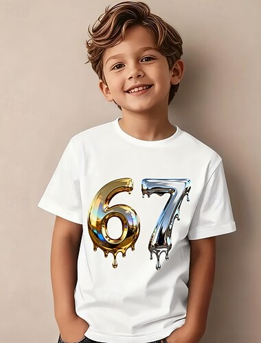  Baumwolle Kinder Jungen Schwarz Weiß Grafik Lustiger Slang 67 T-Shirt Bluse Rundhalsausschnitt Kurzarm Outdoor Alltagskleidung Mode Streetwear Designer Sommer