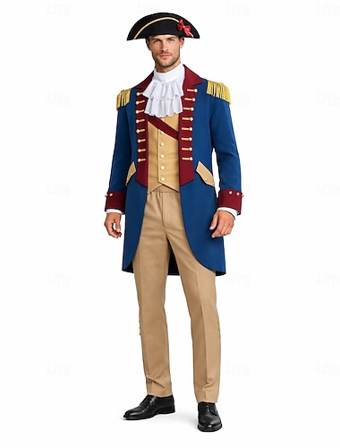  Set 250e anniversaire des États-Unis Rétro Vintage Médiéval Tenues Manches longues George Washington Epoque Coloniale Guerre d'indépendance américaine Déguisement Homme Costume de Carnaval Carnaval