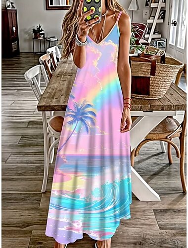  Per donna Abito maxi Vestito Estivo Abito a trapezio Abito Sottoveste Vacanza Casual Boho Spiaggia Vestibilità comoda Grafico Foglia Senza Maniche Scollo a V Spalline sottili Bianco Verde chiaro Rosa