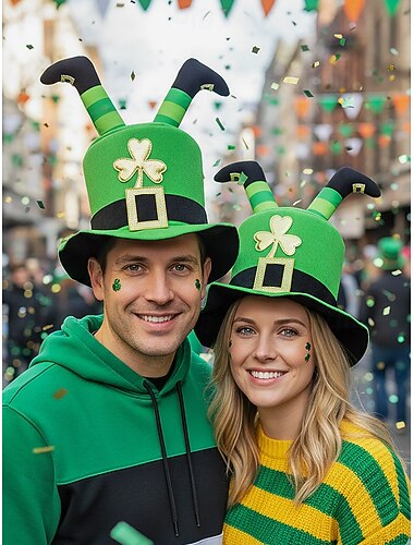  Groene herenmuts met kaboutermotief voor St. Patrick's Day, gemaakt van polyester met een gouden klavertje vier, perfect voor St. Patrick's Day en carnavalsvieringen, een leuk en feestelijk accessoire.
