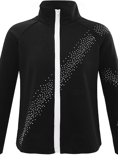  Kunstschaats fleecejack voor dames en meisjes, zwart, elastisch, trainings- en wedstrijdschaatskleding, thermisch warm, met kristallen/strass steentjes, lange mouwen, kunstschaatsen