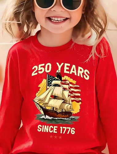  Unisex Ragazze 3D Grafico Bandiera 250° anniversario Bandiera americana per bambini Maglietta Manica Lunga Stampa 3D Estate Autunno Sport Moda Streetwear Bambini 4-12 Anni Girocollo Casuale