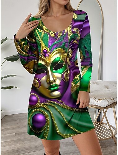  Carnaval Dames Mini Jurk T-shirt Jurk Tee Jurk A-lijn Jurk Casual Dagelijkse Reguliere Pasvorm Grafisch Lange Mouwen Crew Neck Zwart Paars Groen Lente Winter