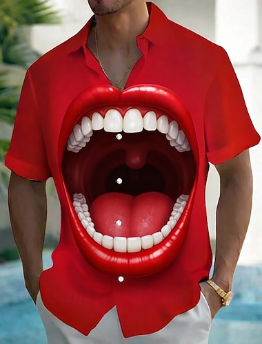  Herren Optische Täuschung 3D Zeichentrick Mund Hemd Sommerhemd Knopfhemd Kurzarm Lustig Streetwear Ferien Sommer Frühling Umlegekragen 3D-Druck Hemden mit Kragen Eine Tasche vorne Dunkelrot Rote