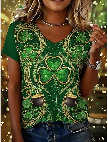  St. Patrick's dag Dame T skjorte Trykt mønster Grafisk kløver Årgang Stilfull Klassisk Kortermet V-hals Vanlige topper Daglig Helg Ferieklær Grønn Sommer Vår