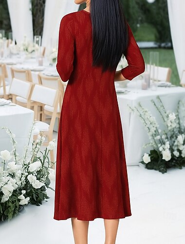  فستان حفل بطول شاي على شكل A، فستان حفلة، فستان كوكتيل، فستان والدة العروس بأكمام 3/4 وياقة دائرية، أنيق وعتيق، مزين بالدانتيل