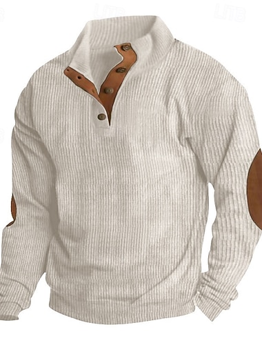  Herren Sweatshirt Kord Pullover Kapuzensweatshirt Pullover Kapuzenpullover mit Knöpfen Aprikose Denim Blue Schwarz Weiß Armeegrün Stehkragen Einfach Patchwork Lässig Täglich Sport & Outdoor Baumwolle
