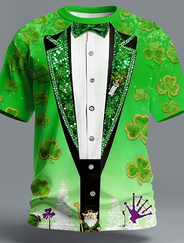  St. Patrick Herren Shamrock Irish Tuxedo T-Shirt Kurzarm T-Shirt 3D-Druck Rundhals Shirt Designer Freizeit Club Party Feiertag Lila Orange Grün Sommer Frühling Bekleidung