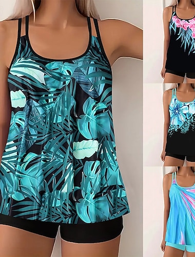  Maillot de bain tankini 2 pièces femme palmiers short contrôle du ventre taille haute slim dos nu vacances plage dégradé géométrique col en U sans manches