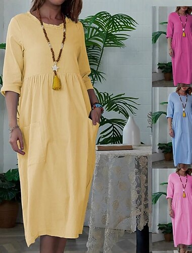  Per donna Abito Midi Finto cotone e lino Abito a Tubino Vestito Casual Elegante Moda Moderno Quotidiano Vacanza Uscire Vestibilità comoda Semplice Manica 3/4 Girocollo Giallo Rosa Rosa Azzurro Estate