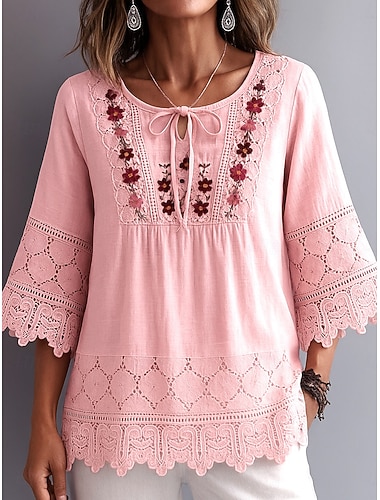  Mujer Camisa de manga corta Camisa casual Blusa Frunce Encaje Retazos Plano Elegante Moda Ropa de calle Manga 3/4 Cuello Barco Corbata en el cuello Tops regulares Exterior Festivos Noche Azul Piscina