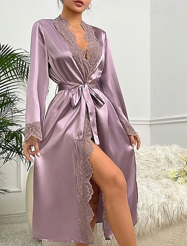  Damen Freizeitkleidung Nachthemd Mode Lässig Weich Einfarbig Patchwork Kleid Heim Urlaub Langarm V Ausschnitt Weiß Champagner Purpur Sommer Frühling Herbst Normale Passform