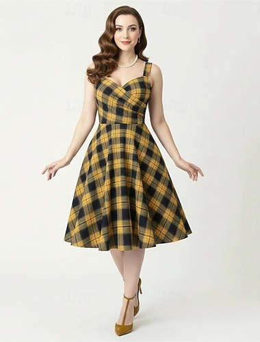  Rockabilly Middag En linje kjole Ermeløs Trang og vid passform Kostyme Dame Karneval Valentinsdag Avslappet Ball Retro-temafest Voksne Kjole Sommer Vår