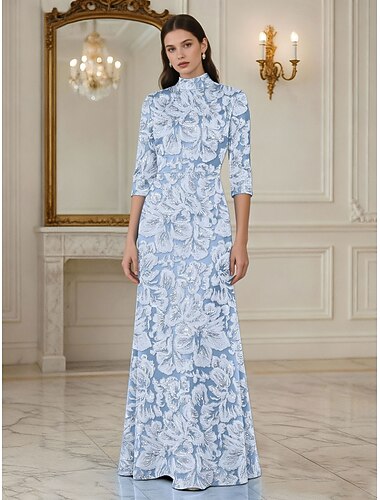  A-Linie Bodenlang Perlenbestickt Abendkleid Kleid der Brautmutter Abendkleid Ballkleid Festliche Kleidung Elegant Glitzernd Langarm Hoher Ausschnitt Hochzeit Formell Tasche Satin Spitze mit Glitzer