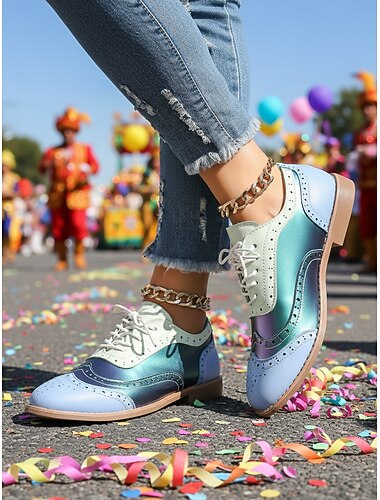  Kvinners Mardi Gras iriserende oxford sko - Fargerike wingtip brogues med snøredesign retro karneval festflats festivalantrekk parader og kostyme feiringer