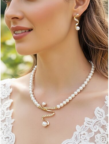  Sieradenset voor dames met imitatieparels, halsketting en oorbellen, elegant ontwerp geïnspireerd op een slang, klassieke bruidsstijl, voor bruiden, bruiloftsgasten, avondfeesten en formele banketten.