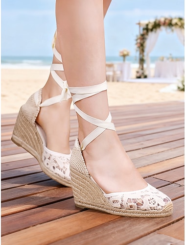  Dames espadrillesandalen met kant en sleehak - elegante bruidsschoenen met lintstrik voor strandceremonies, comfortabele bruidsschoenen &bruidsmeisjes zomerschoenen