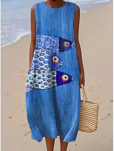  Robe Midi Femme Lin Comme Robe de Plage Robe Shift Robe A-Line Vacances Décontractée Boho Plage Sortie Coupe Lâche Graphique Animal Sans Manches Col Rond Bleu Noir Bleu Ciel Bleu Foncé Été Printemps
