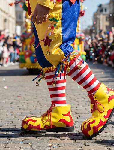  Miesten Mardi Gras Värikkäät Klovnikengät Keltainen ja Punainen liekkikuvio täydelliset karnevaaleihin klovnin esityksiin ja naamiaisjuhliin