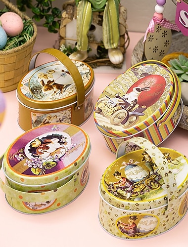  Conjunto de 4 caixas ovais de metal com alças em formato de coelho da Páscoa, ideais para guardar ovos de Páscoa, recipientes portáteis de metal para crianças, perfeitos para biscoitos, presentes e