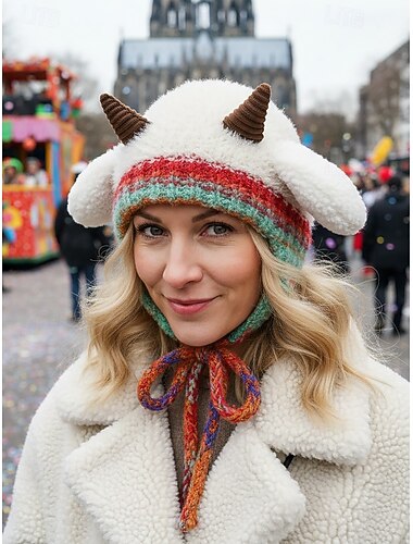  Dames Multikleur Faux Shearling Dier Mardi Gras Hoed met Hoorns - Fluffy Winter Oorklep Beanie voor Carnaval  Cosplay