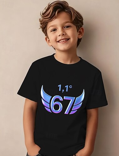  Katoen Kinderen Jongens Zwart Grafisch Vleugels Grappige Slang 67 T-shirt Blouse Strakke ronde hals Korte mouw Buiten Dagelijks gebruik Modieus Streetwear Ontwerper Opdrukken Zomer