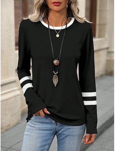  Damen T Shirt Druck Grafik Gestreift Mode Stilvoll Klassisch Langarm Rundhalsausschnitt Rundhals Normale Oberteile Täglich Wochenende Schwarz Sommer Frühling Herbst