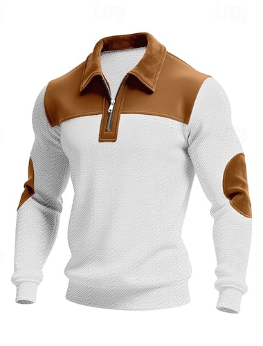  Herren Polo Poloshirts Urlaub Straße Viertelreißverschluss Langarm Mode Basic Farbblock Patchwork Frühling Herbst Normale Passform Weiß Polo