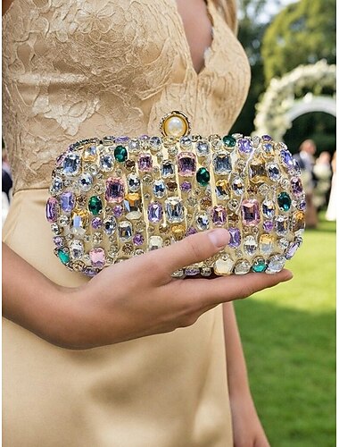  Bolso de mano de poliéster para mujer con adornos de piedras preciosas, correa de cadena para el hombro, gran capacidad, varios colores: perfecto para bodas y fiestas nocturnas.