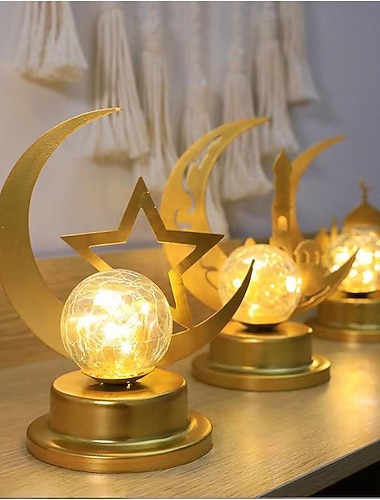  Ramadan-Eid-Metallkugel-Dekorationslampe mit Sternen-, Mond- und Schlossmotiv für den Innenbereich, Schlafzimmer, stimmungsvolle Dekoration, AAA-Batterie erforderlich, 18,5 x 14,5 cm