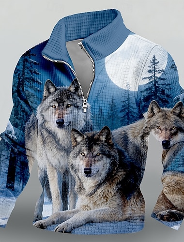  Herren Wolf Waffel Pullover Mode Täglich Jagd Stehkragen Viertelreißverschluss Outdoor Streetwear Reise Camping Blau 1 Blau 3# Blau 2# Reißverschluss Herbst Winter Designer S M L XL XXL XXXL