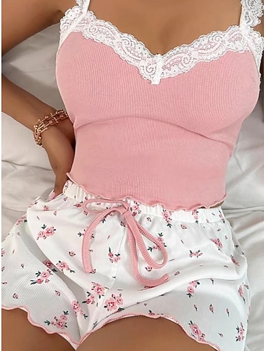  Damen Schlafanzug Set Lässig Komfort Blumen Spitze Elastischer Bund Trägertop Shorts Täglich Heim Ärmellos Träger Blau Rosa Wein Khaki Sommer Frühling Normale Passform