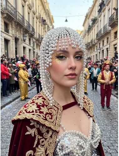  Copricapo per il Carnevale con perline di perla da donna per il Mardi Gras – Accessorio per capelli scintillante da festival con pompon di perle glamour per occasioni speciali