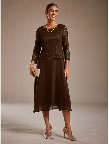  Dam Midiklänning Chiffongklänningar A linjeklänning Elegant Bröllopsgäst Cocktailfest Spetsknuten Paljetter Normal Ensfärgat 3/4 ärm Rund hals Kaffe