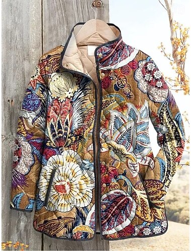  Damen Winterjacke Steppjacke Warm Leicht Knöpfe Druck Aktiv Vintage Künstlerisch Lässig Blumen Lässig Regulär Stehkragen Normale Passform Langarm Oberbekleidung Rosa Braun Beige Herbst Winter