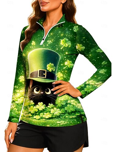  St Patrick Dam Katt Klöver Tröja Polo sweatshirt Toppar Skjorta Långärmad Mönster Fjärdedels blixtlås Pullover UPF50+ UV-resistent UV-skydd Elastisk Andningsfunktion Volleyboll Tennis Golf Hög hals